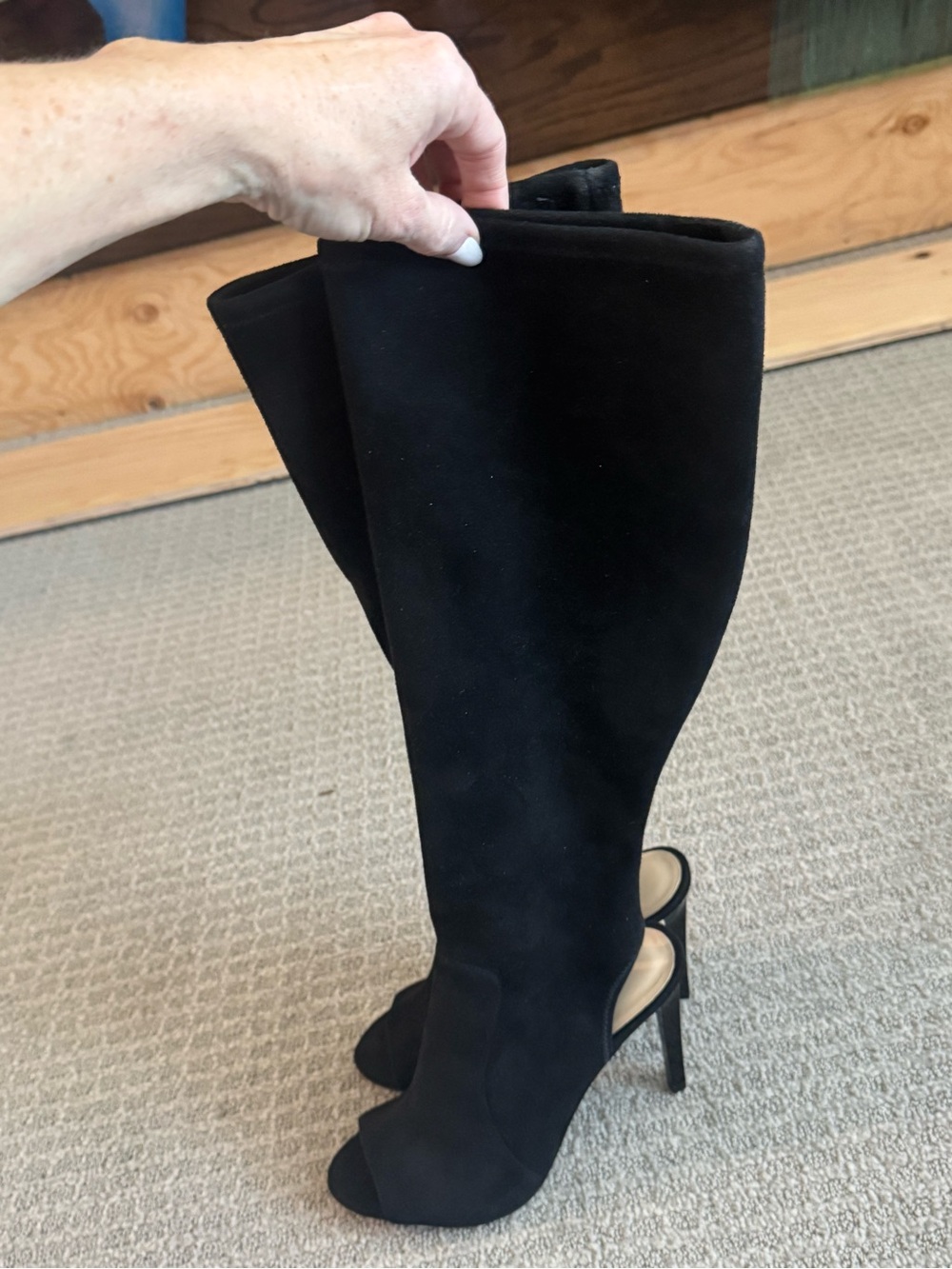 Nine West Black Suede Peep-Toe Knee-High Stiletto Boots